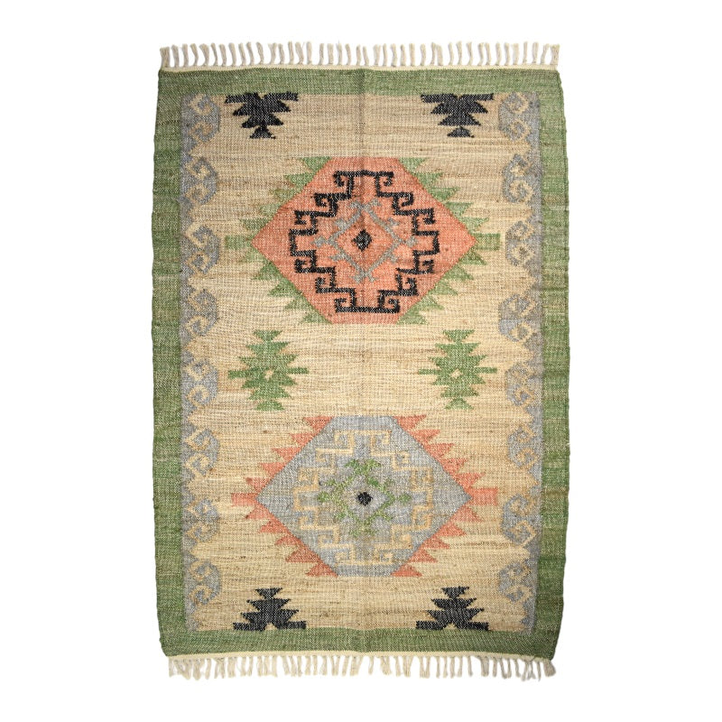 Green, Blue and Coral Kelim Woven Rug - 120 x 180cm