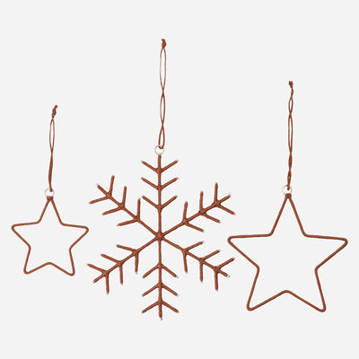 Set of 3 Snowflakes and Stars Tree Ornaments - Copper