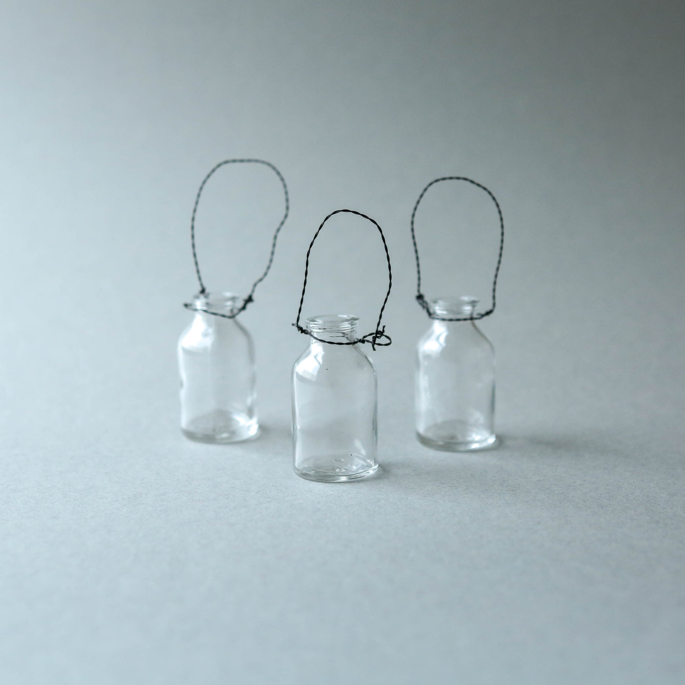 Three Mini Hanging Bottle Vases with Black Wire