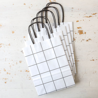 Pack of Five Paper Gift Bags - White With Black Grid