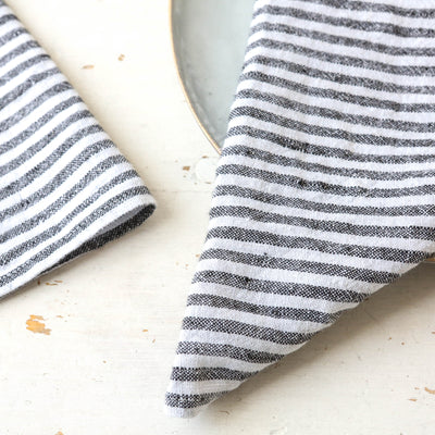 Pair of Washed Linen Rectangular Napkins or Placemats - Charcoal Stripe