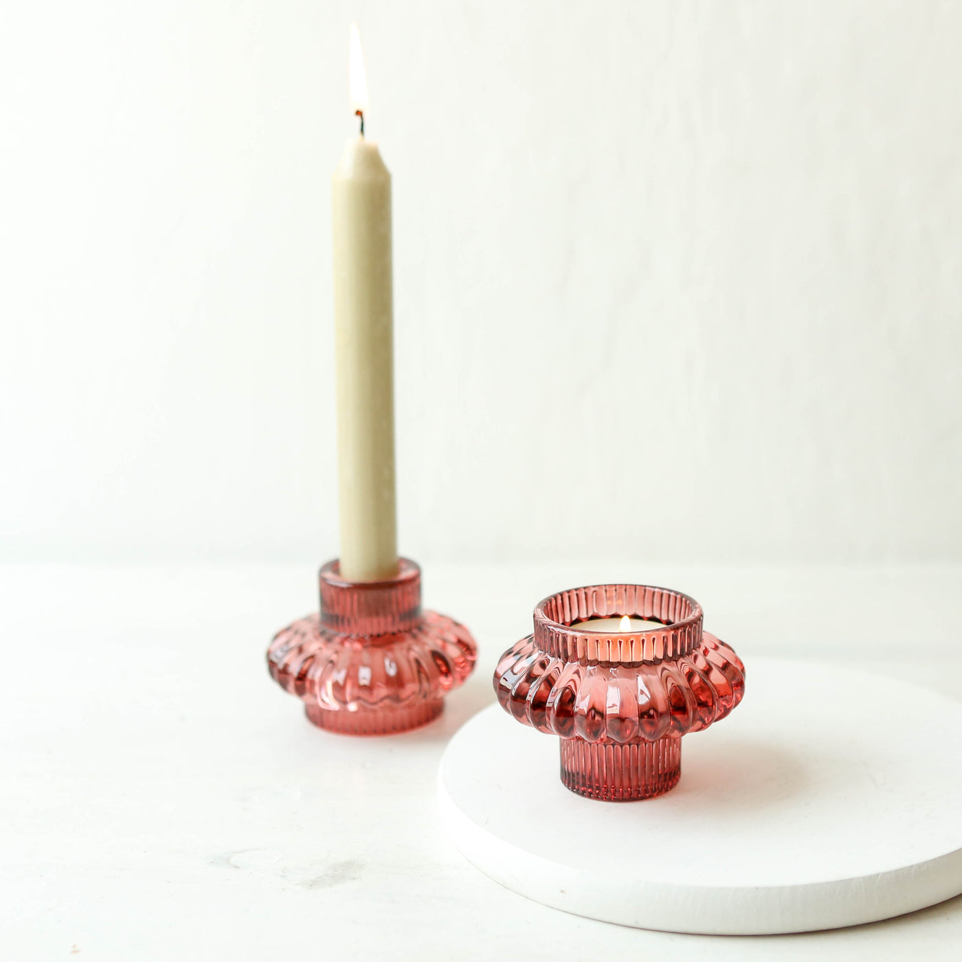 Glass 'Duo' Candle Holder - Plum