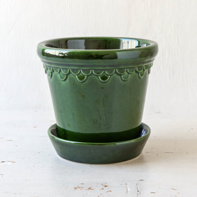 14cm Glazed Københavner Plant Pot & Saucer - Emerald Green