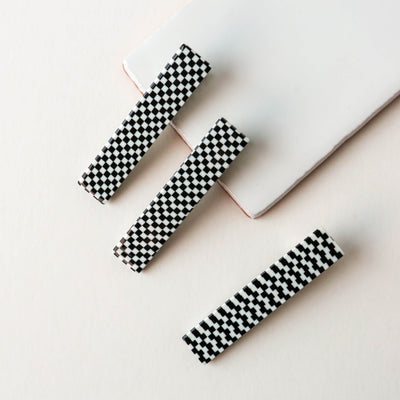 'Flora' Hair Clip Trio in B+W Checkered