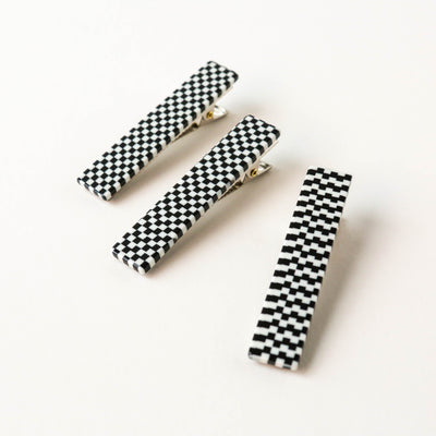 'Flora' Hair Clip Trio in B+W Checkered