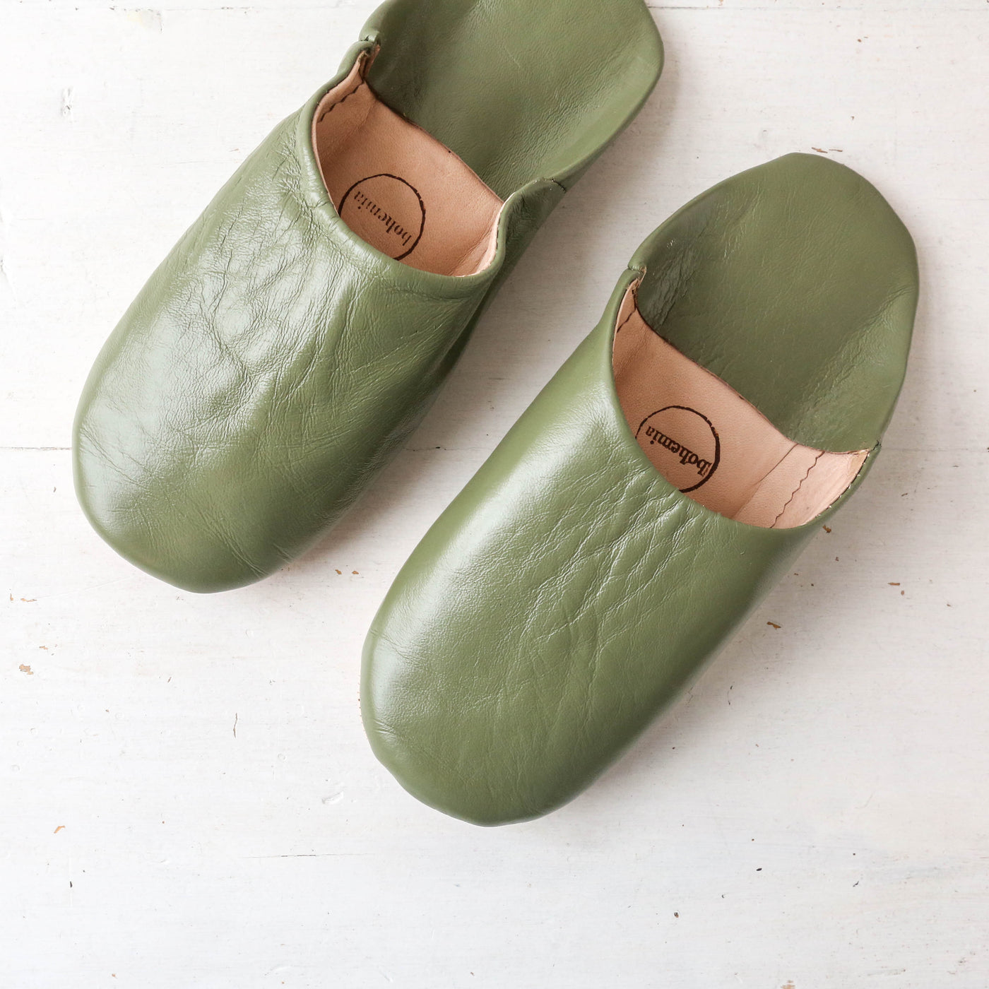 Moroccan Leather Babouche Slippers - Olive