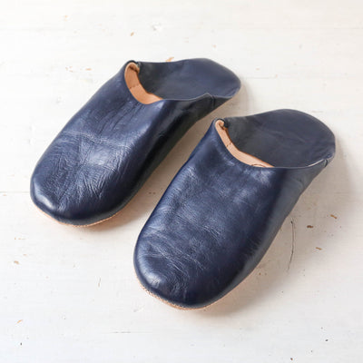 Moroccan Leather Babouche Slippers - Indigo