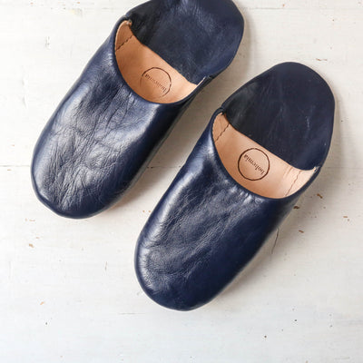 Moroccan Leather Babouche Slippers - Indigo