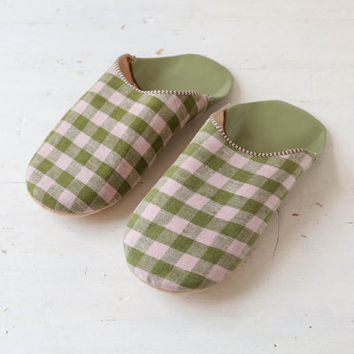 Gingham Check Babouche Slippers - Olive