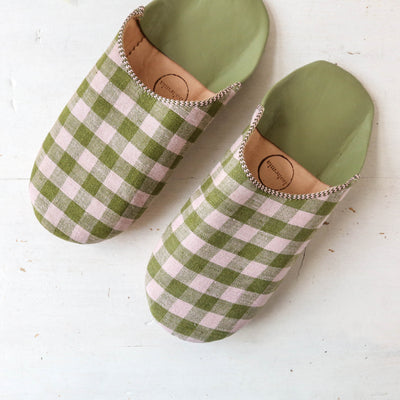 Gingham Check Babouche Slippers - Olive