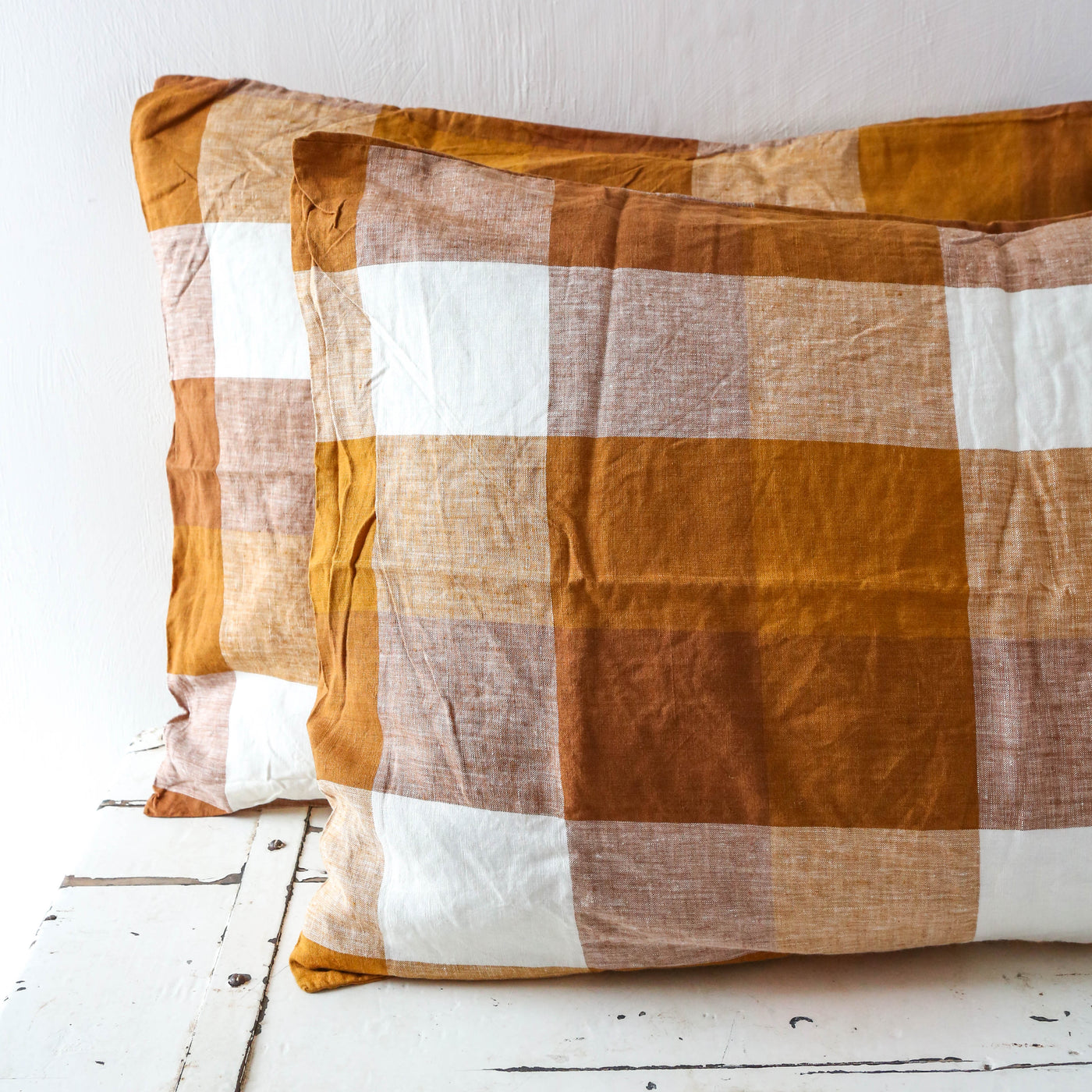 Pair of Linen Pillowcases - Biscuit Check