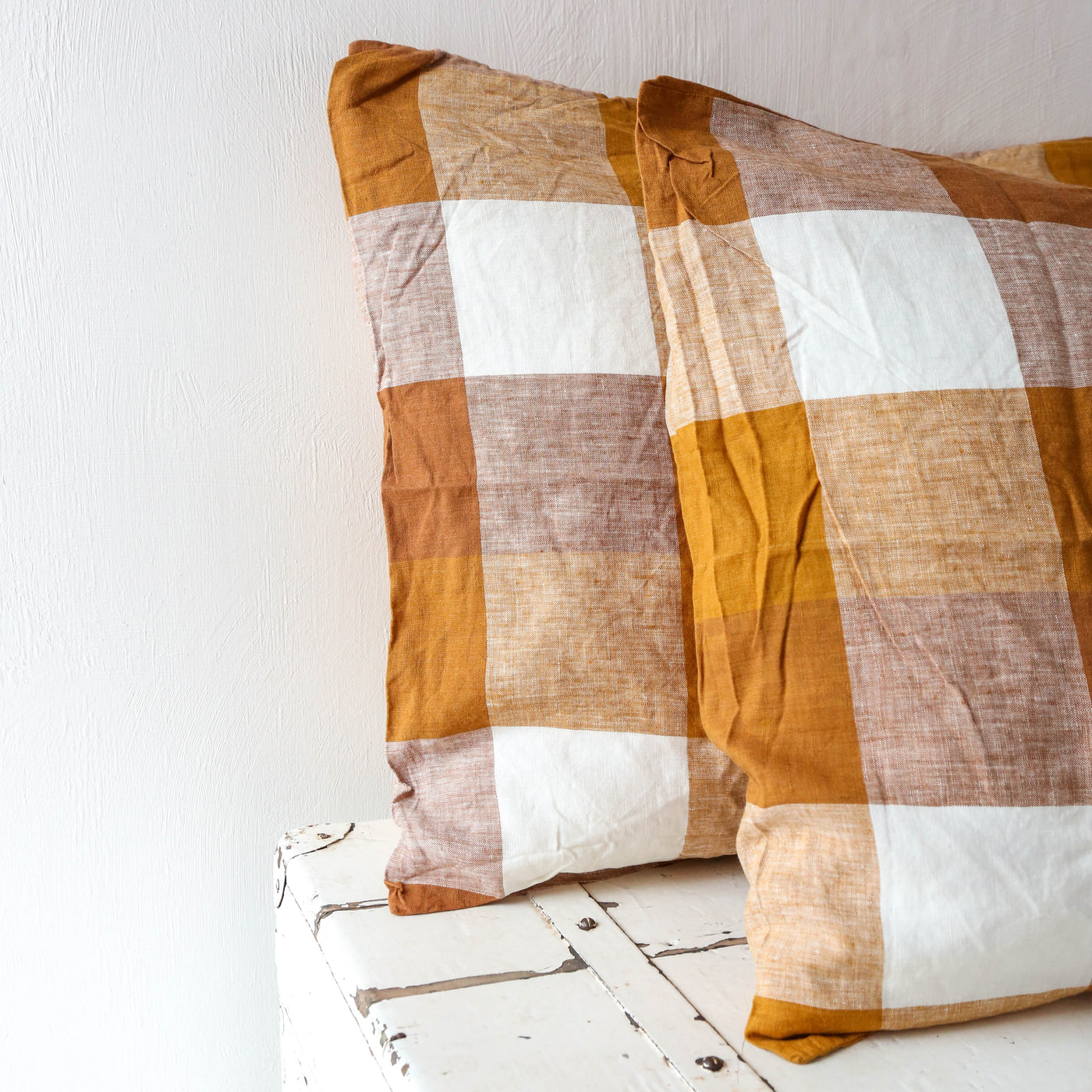 SALE Pair of Linen Pillowcases - Biscuit Check