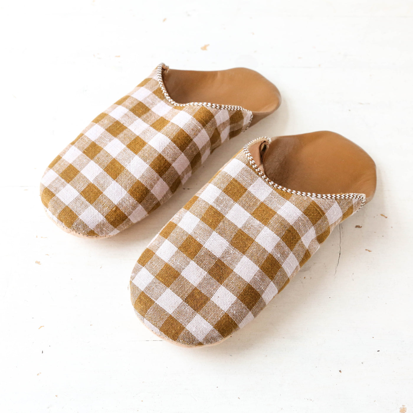 Gingham Check Babouche Slippers - Tan