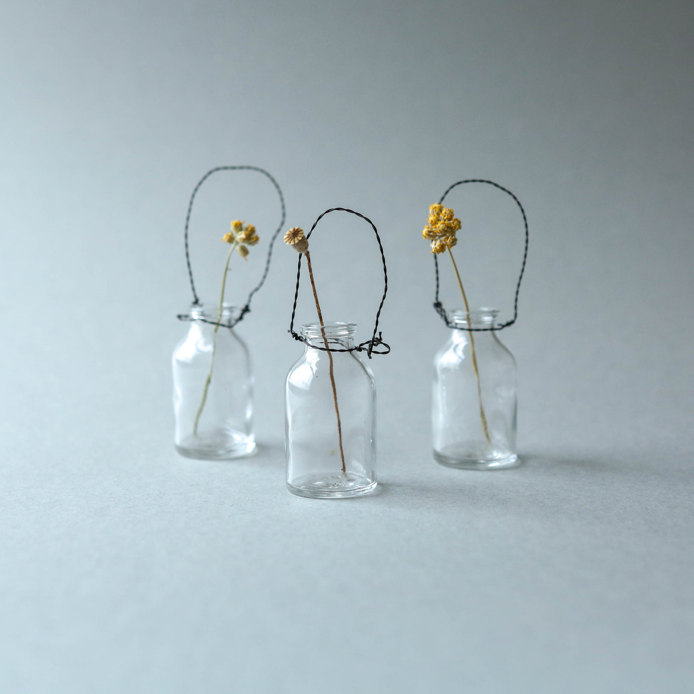 Three Mini Hanging Bottle Vases with Black Wire