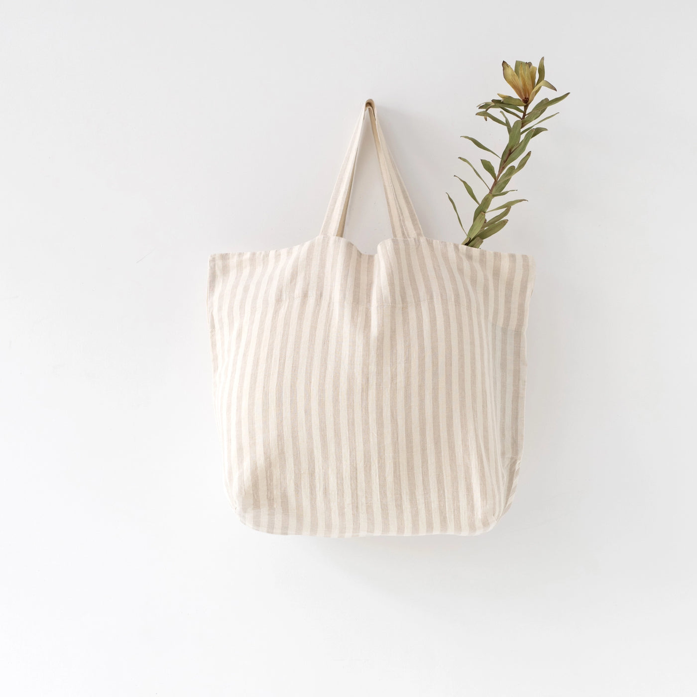 Washed Linen Shoulder Bag - Natural White Stripes