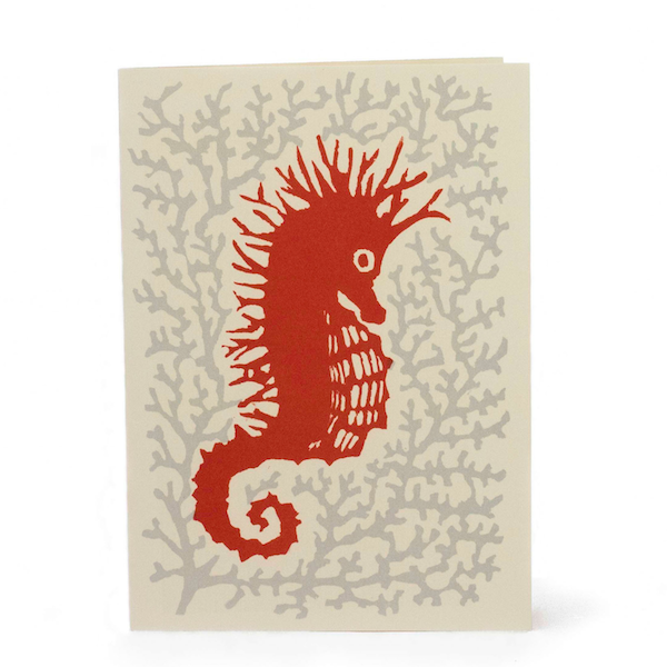 Seahorse Greetings Card in Coral and Grey