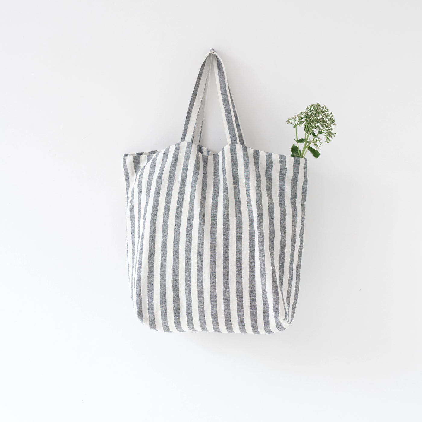 Washed Linen Shoulder Bag - Black Wide Stripes