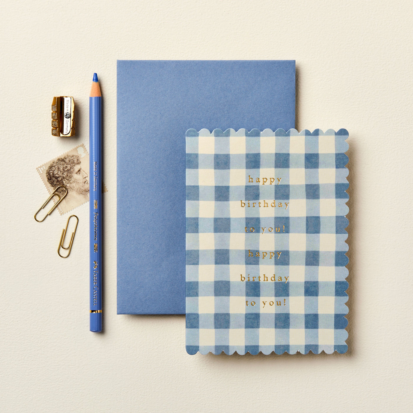 Mid Blue Gingham 'Happy Birthday' Greetings Card